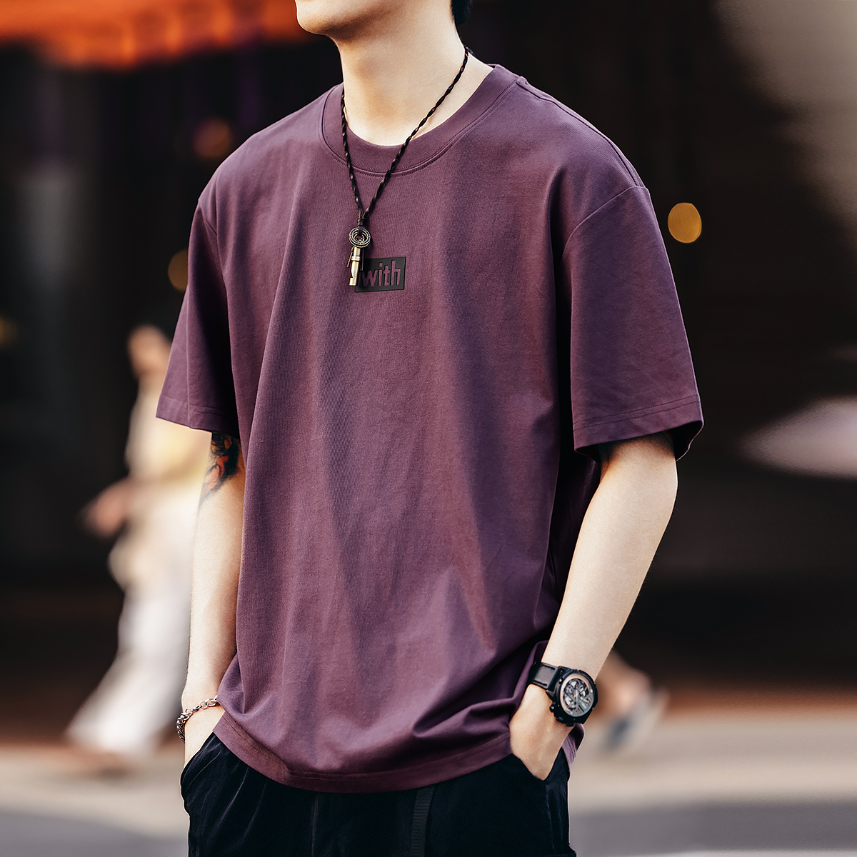 格蓝鹿美式简约印花短袖t恤男夏季潮牌宽松休闲重磅大码圆领体恤